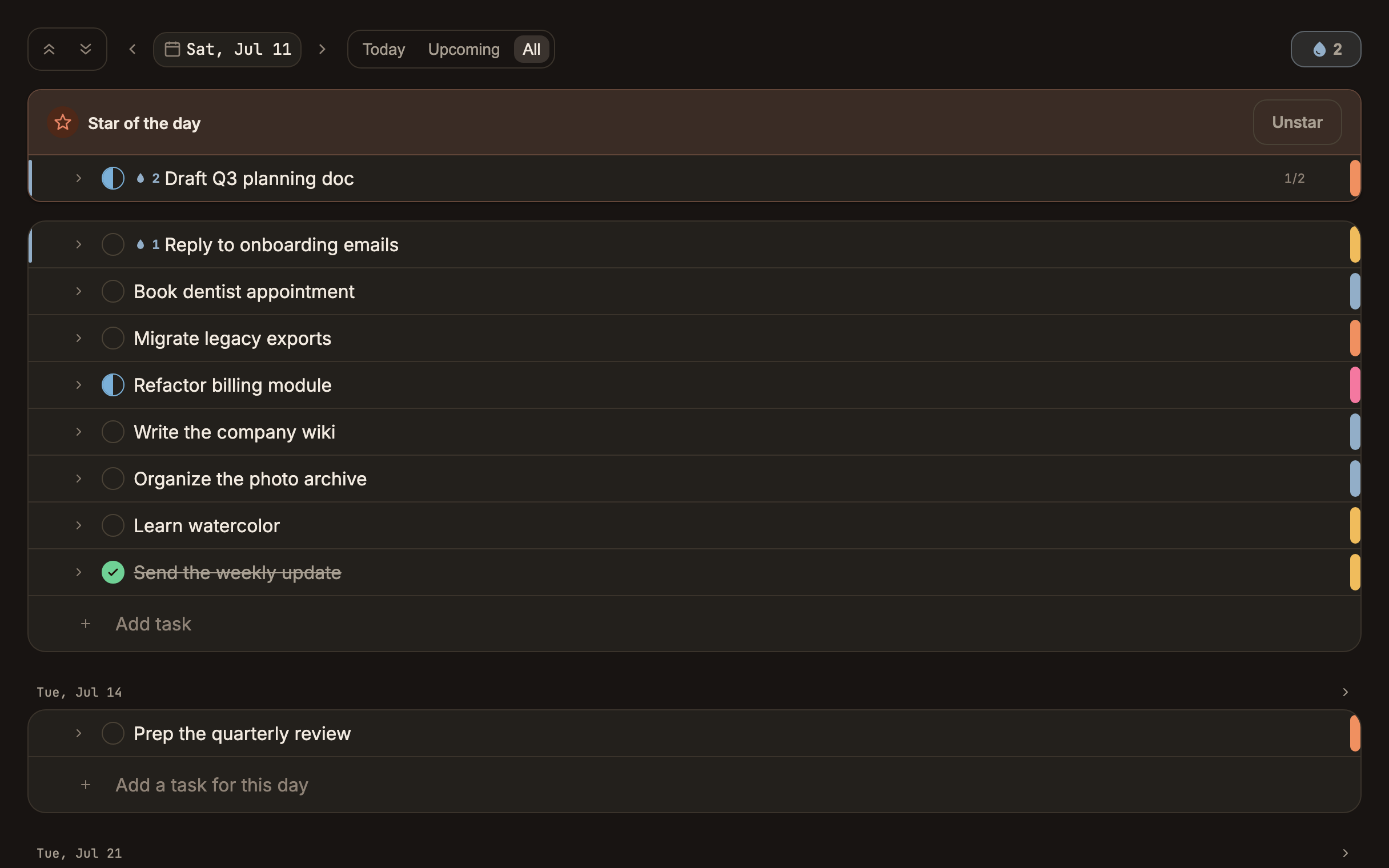 The day view showing an unfinished task carried forward onto today's list