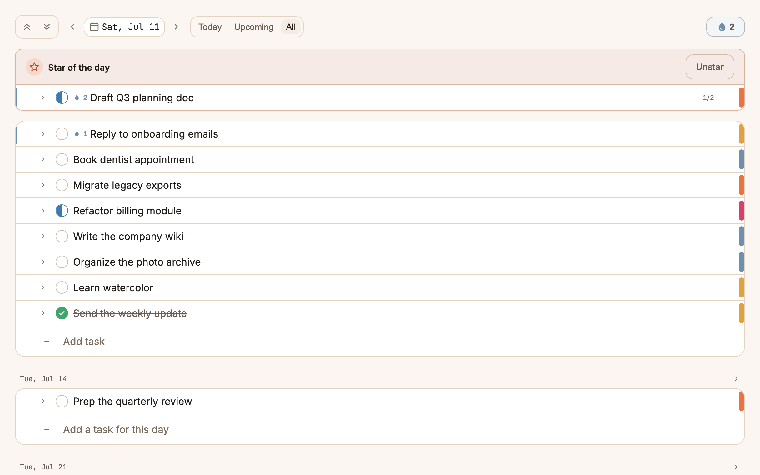 The day view showing an unfinished task carried forward onto today's list
