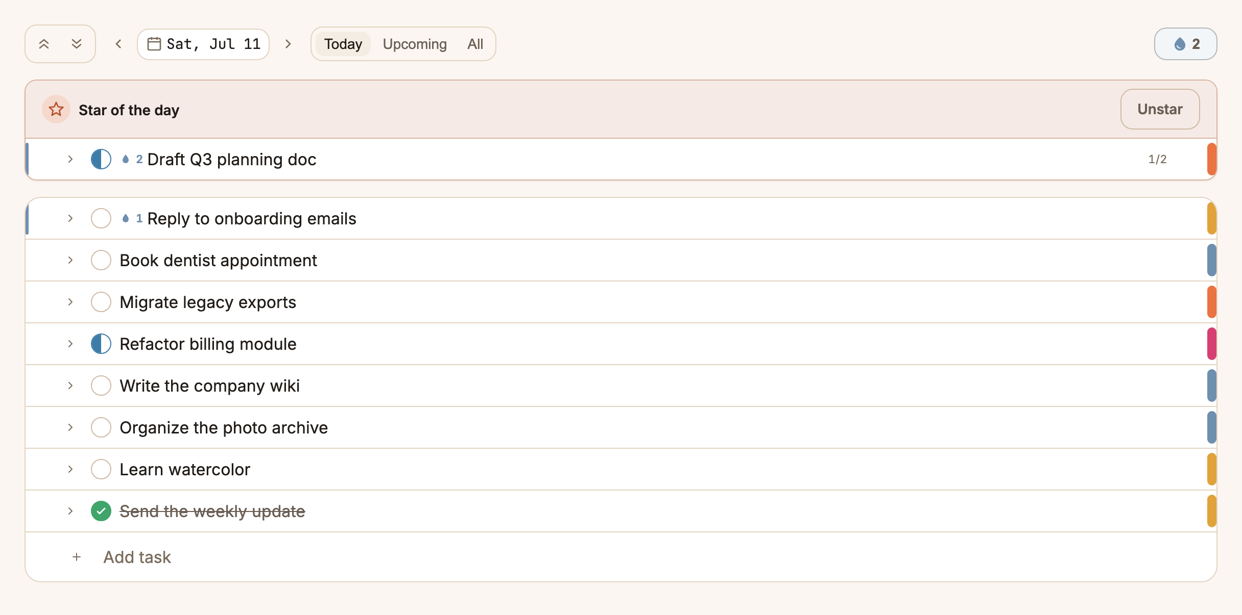 A day with one task starred and a daily water budget spent across other tasks
